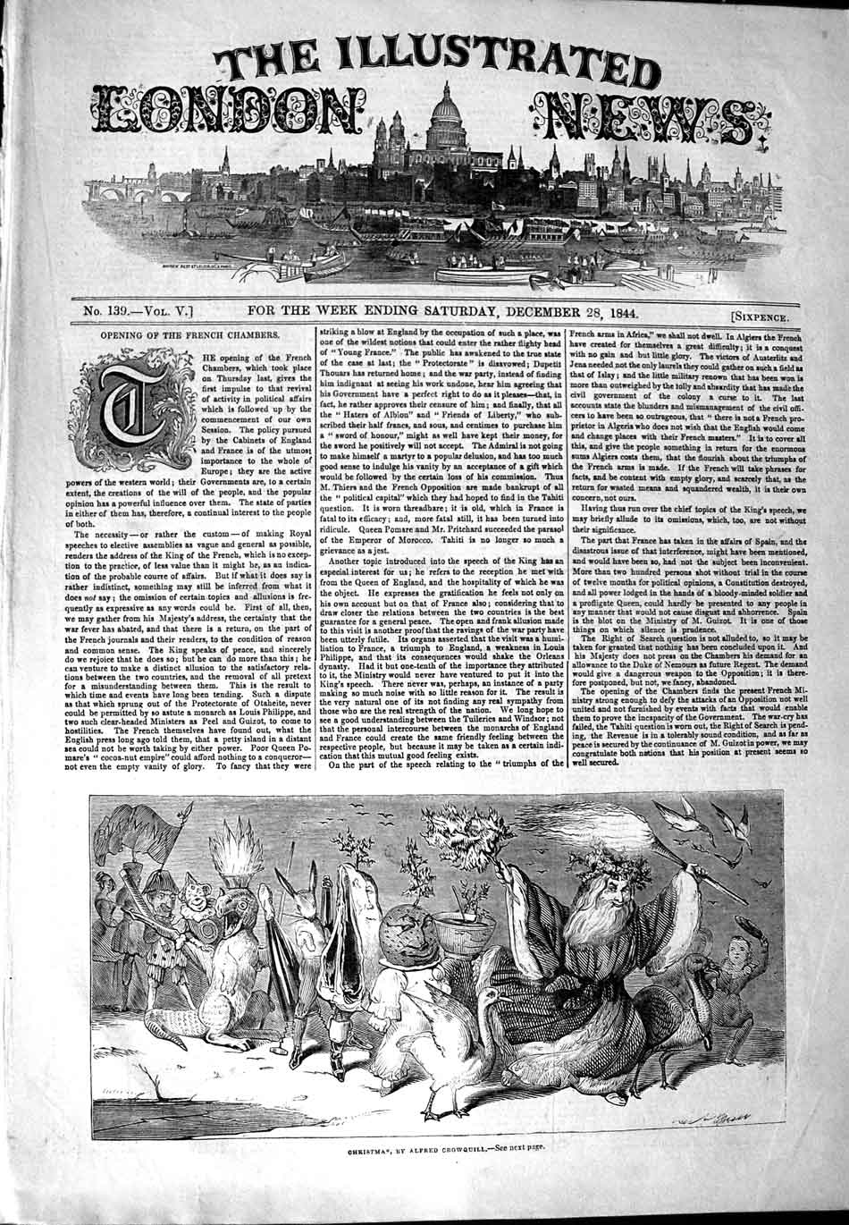 Original Old Antique Print 1844 Christmas Scene Alfred Crowquill Costumes 19th