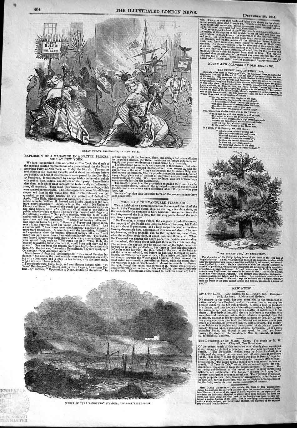 Original Old Antique Print 1844 Ship Vanguard Cork Lighthouse Natives New York
