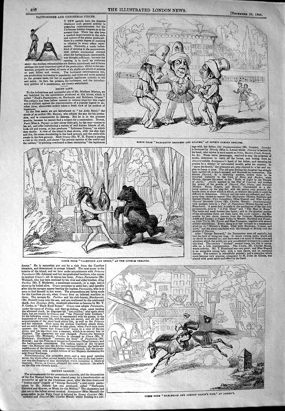 Original Old Antique Print 1844 Covent Garden Theatre Lyceum Harlequin Astley'S