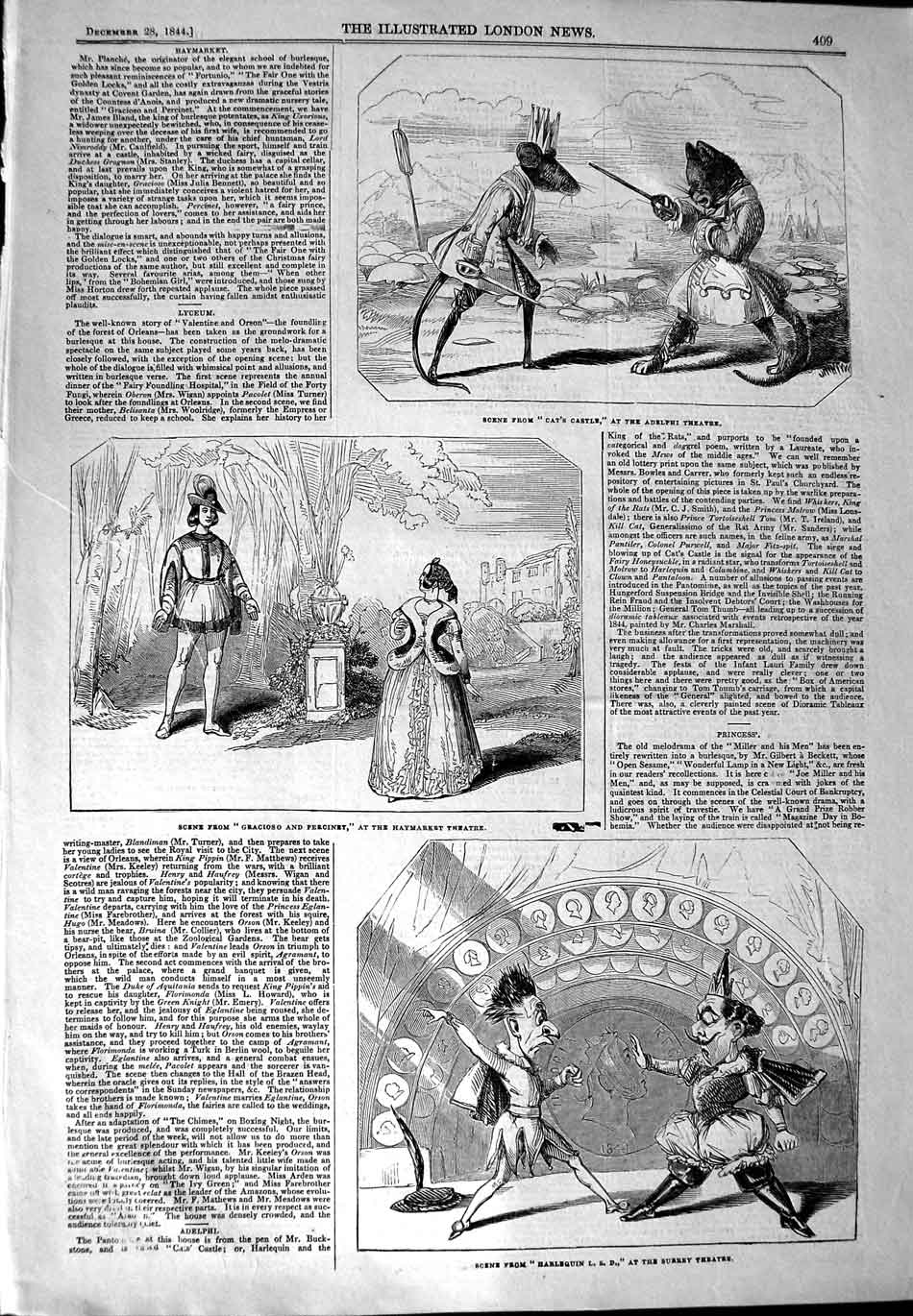 Original Old Antique Print 1844 Adelphi Theatre Haymarket Surrey Harlequin 19th