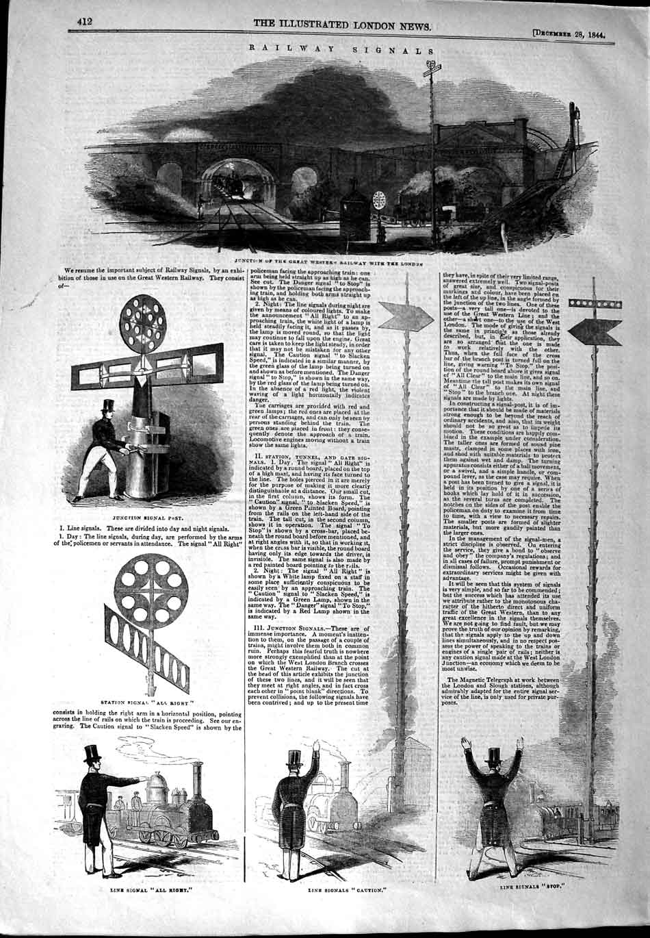 Original Old Antique Print 1844 Railway Signals Junction Great Wester Victorian