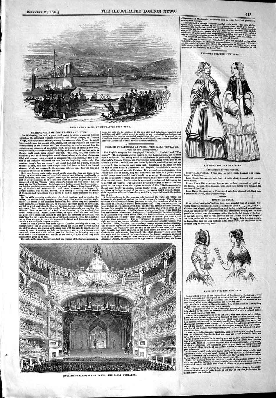 Old Antique Print 1844 Salle Ventador Theatre Paris Newcastle-Upon-Tyne 19th
