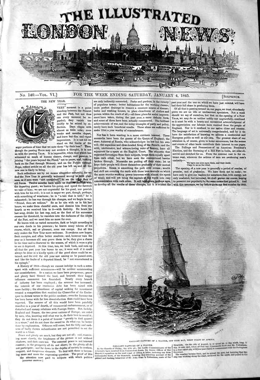 Old Antique Print 1845 Scene Gallant Capture Slaver Boat Fish Bay Africa 19th