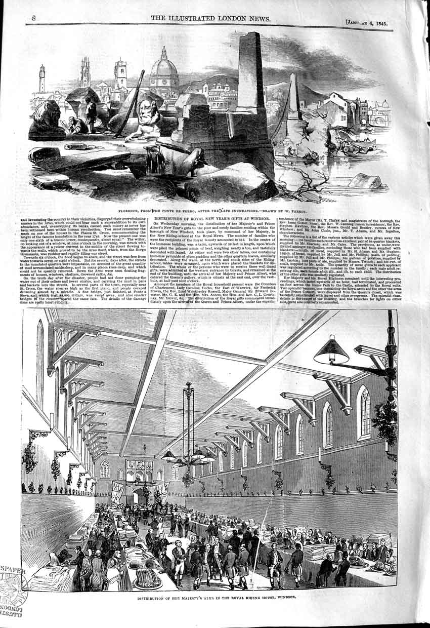 Old Antique Print 1845 Florence Ponte Perro Floods Riding House Florence 19th