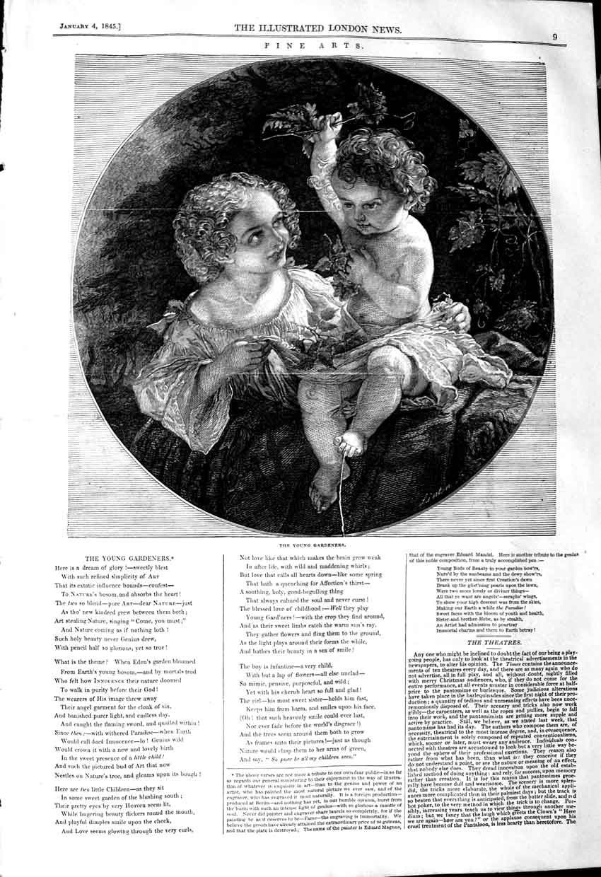 Original Old Antique Print 1845 Poem Illustration The Young Gardeners Fine Art