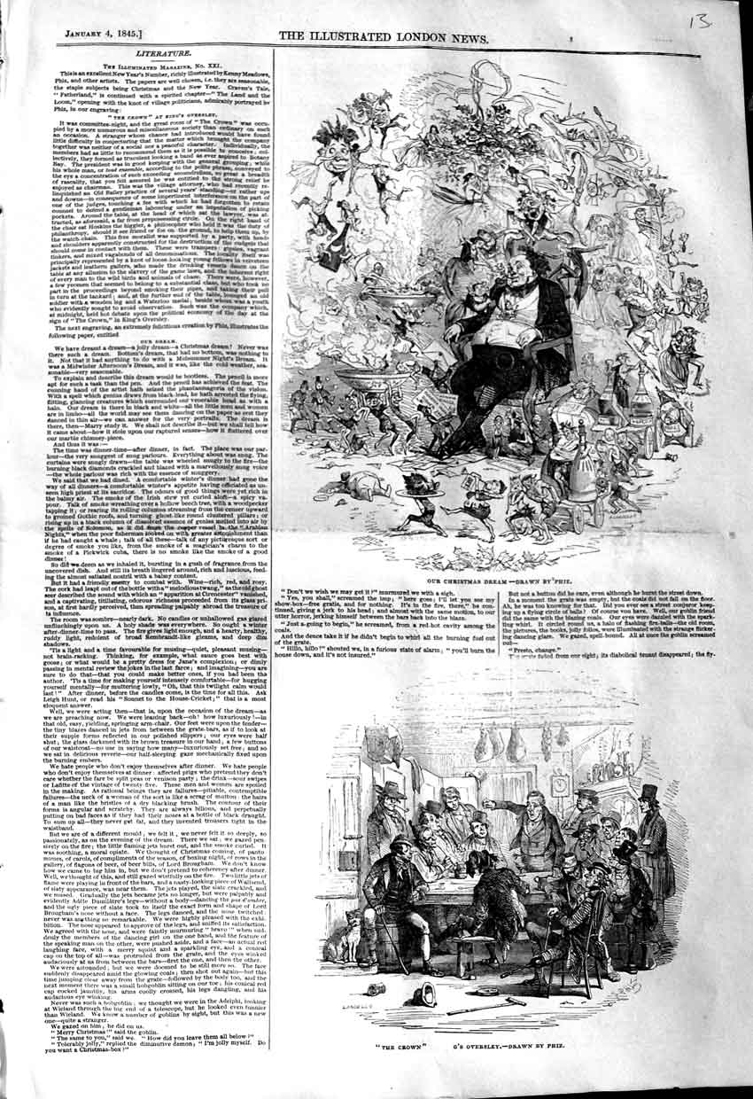 Original Old Antique Print 1845 Drawing Christmas Dream Phiz Men Meeting 19th