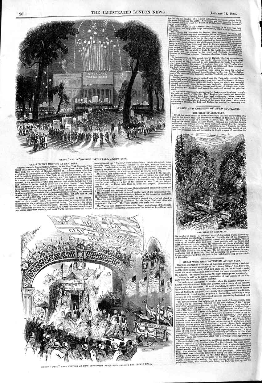 Original Old Antique Print 1845 Native Meeting Park New York America Aberfeldy