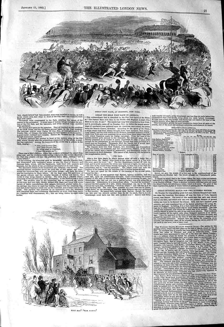 Original Old Antique Print 1845 Foot Race Hoboken New York America Sport Barne