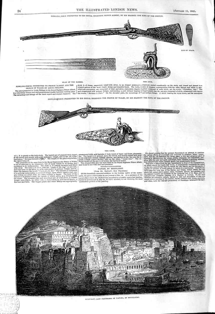 Old Antique Print 1845 Burford Panorama Naples Fowling Piece Albert Gun 19th