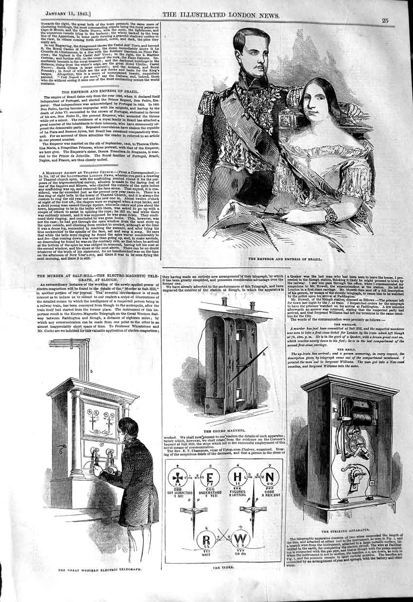 Original Old Antique Print 1845 Emperor Brazil Western Electric Telegraph 19th