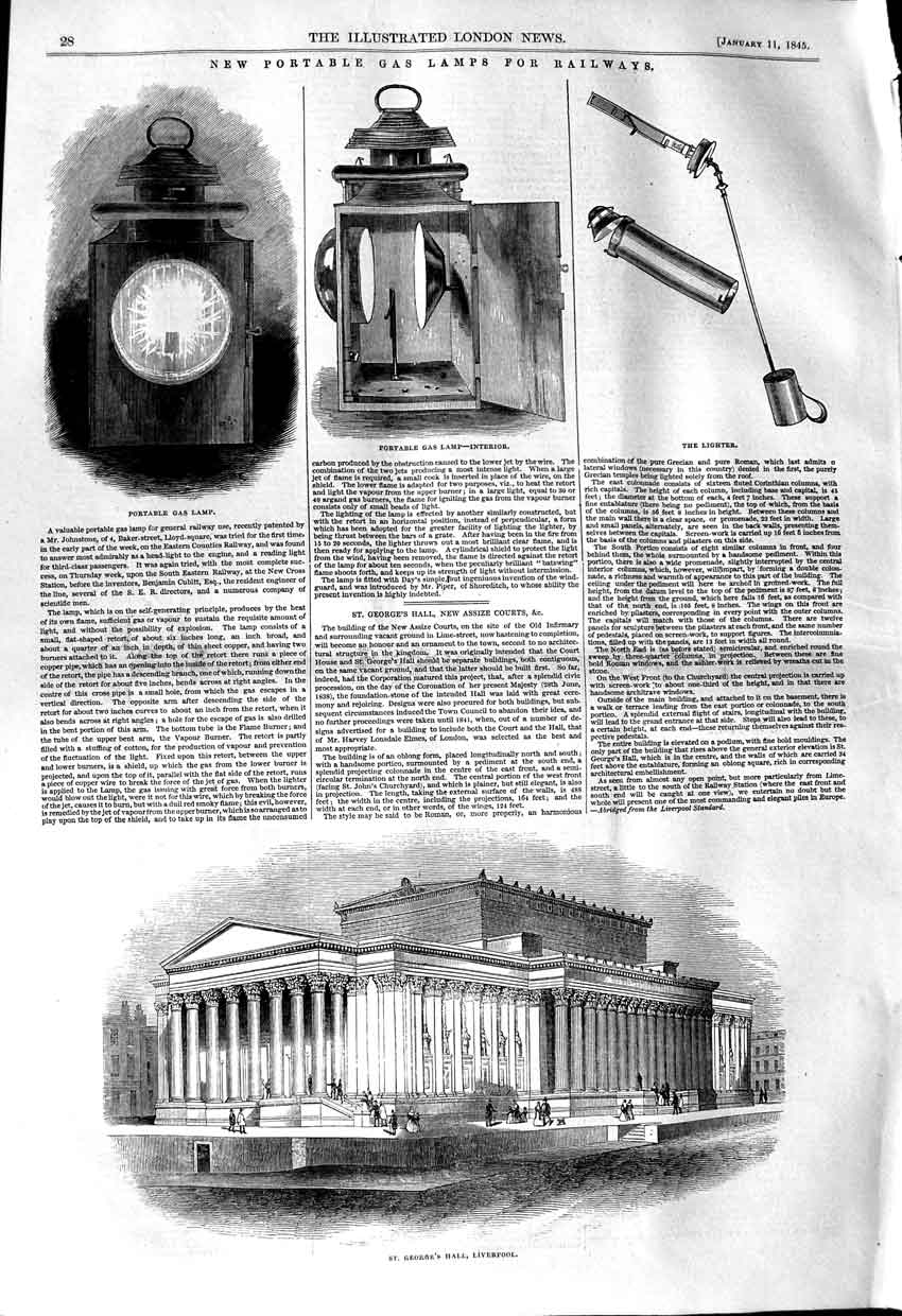 Old Antique Print 1845 Portable Gas Lamps Railways St. George'S Liverpool 19th