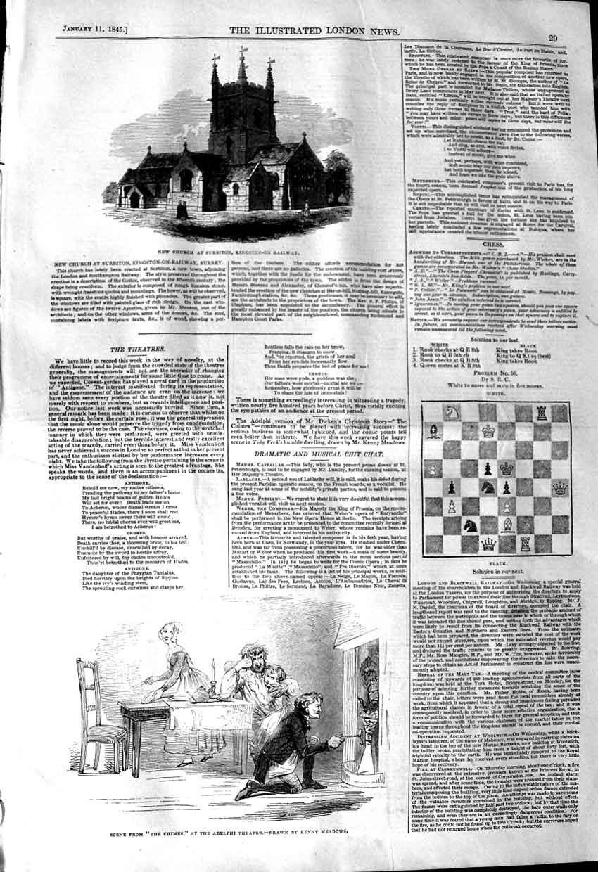 Original Old Antique Print 1845 Church Surbiton Kingston-On-Railway Theatre 19th