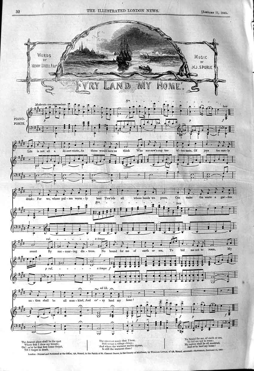 Old Antique Print 1845 Sheet Music Ev'Ry Land My Home Sporle Henry Lovell 19th