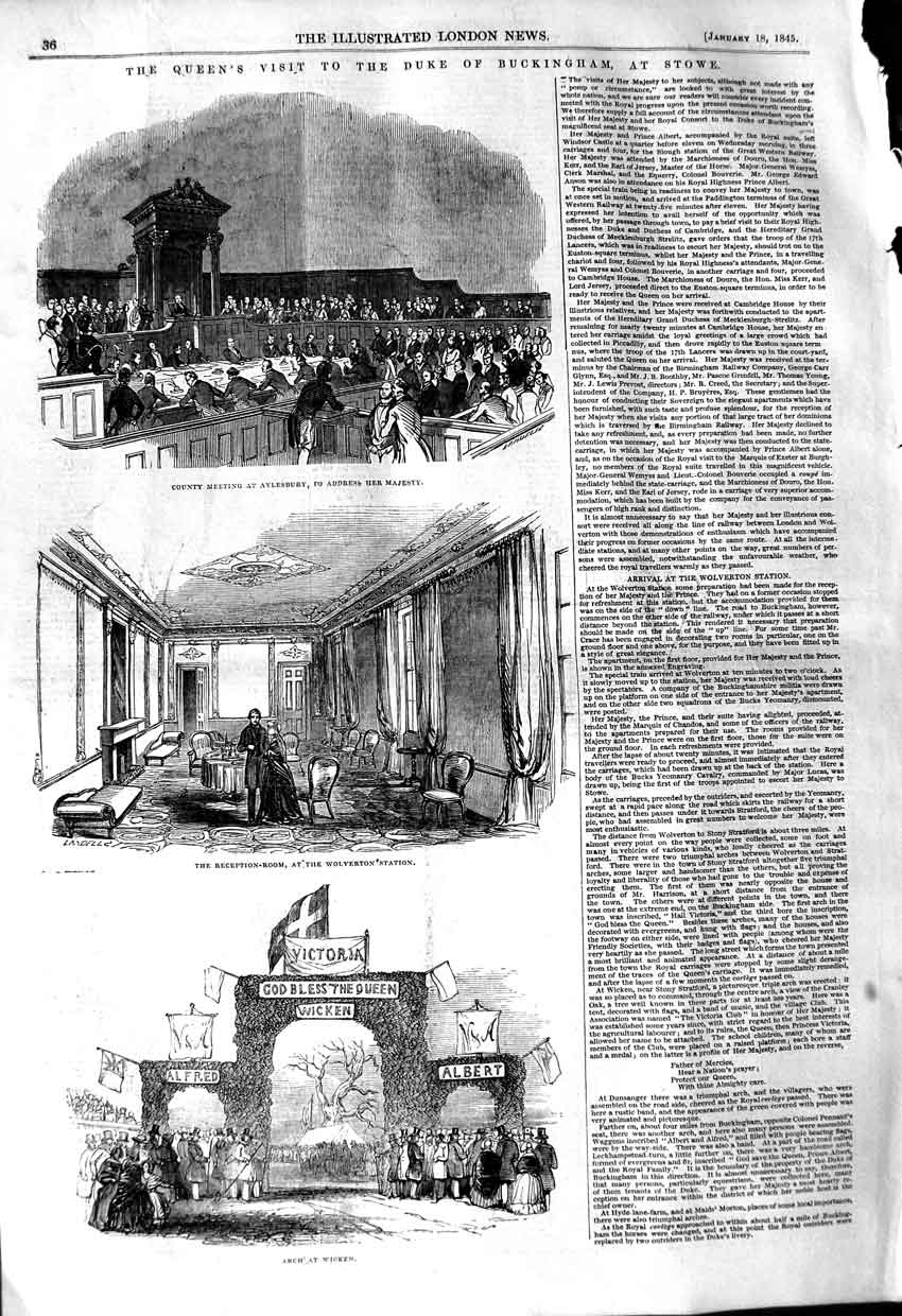 Original Old Antique Print 1845 Queen Stowe Wolverton Railway Aylesbury 19th