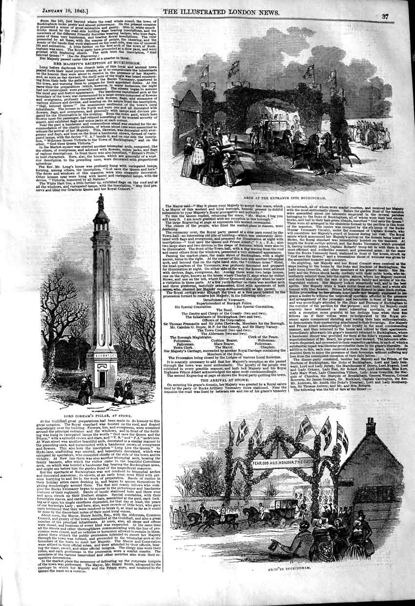 Original Old Antique Print 1845 Arch Buckingham Lord Cobham Pillar Stowe 19th