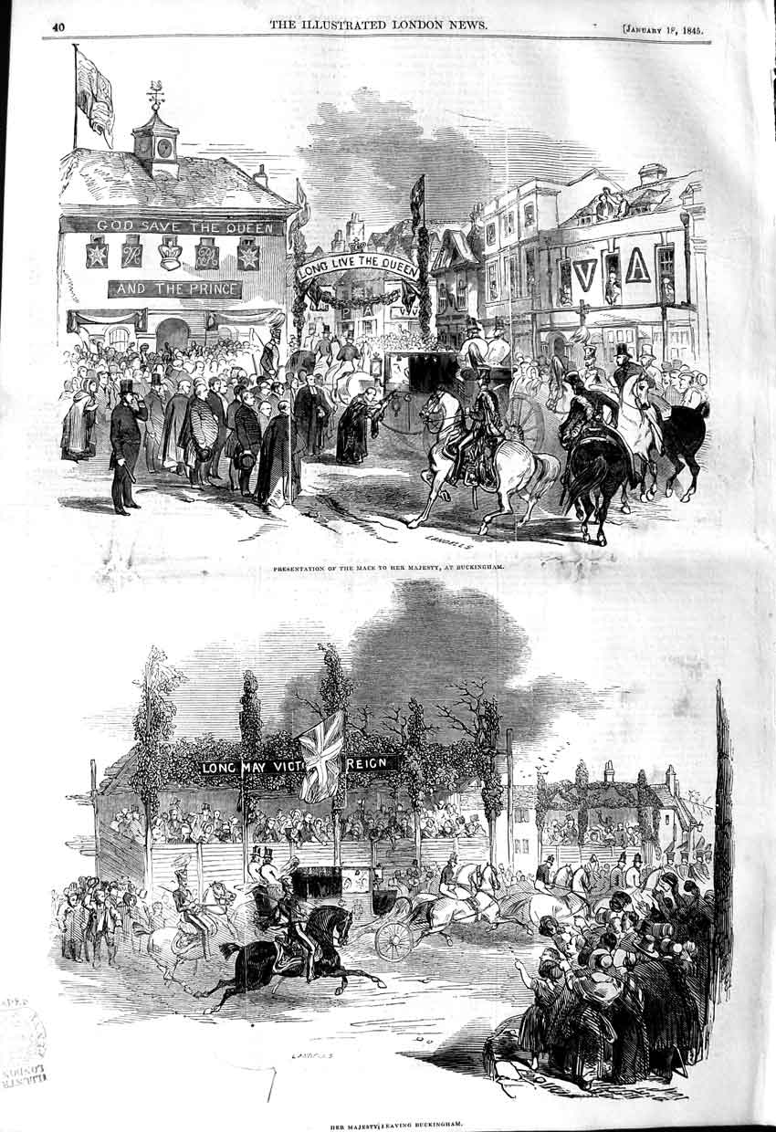 Original Old Antique Print 1845 Queen Buckingham Palace Presentation Mace 19th