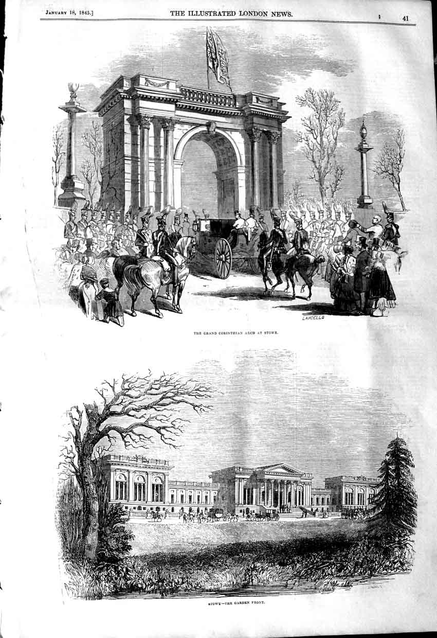 Original Old Antique Print 1845 Grand Corinthian Arch Stowe Garden Archi 19th