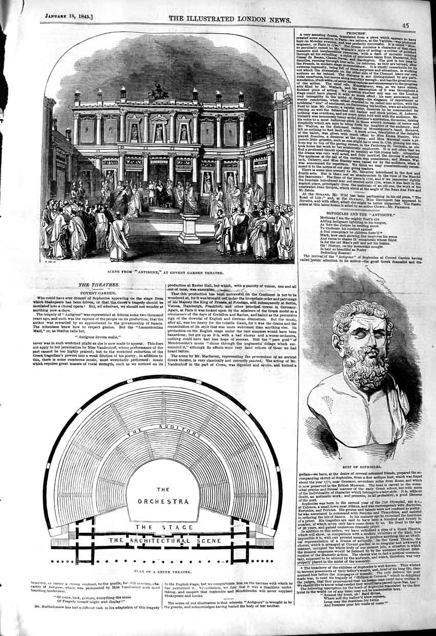 Original Old Antique Print 1845 Covent Garden Theatre Plan Greek Bust Sophocles