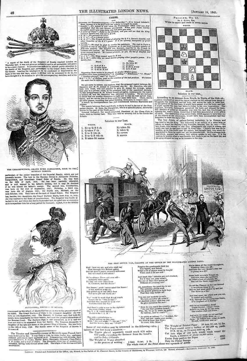 Old Antique Print 1845 Post Office Van Alexandra Empress Russia Alexander 19th
