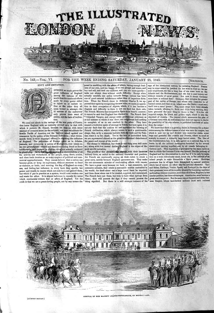 Original Old Antique Print 1845 Arrival Queen Strathfieldsaye Duke Wellington