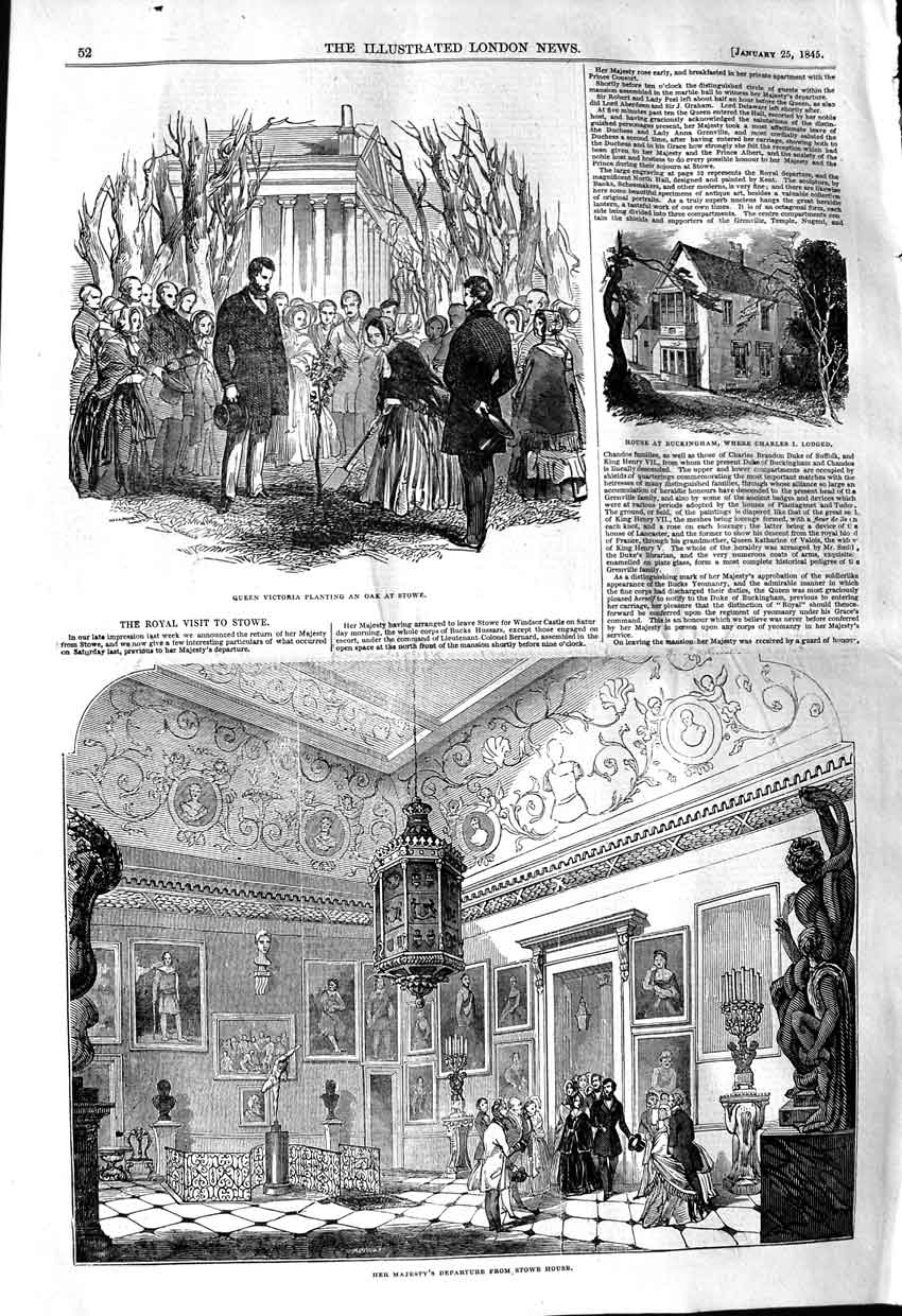 Original Old Antique Print 1845 Queen Victoria Oak Tree Stowe House Buc 19th
