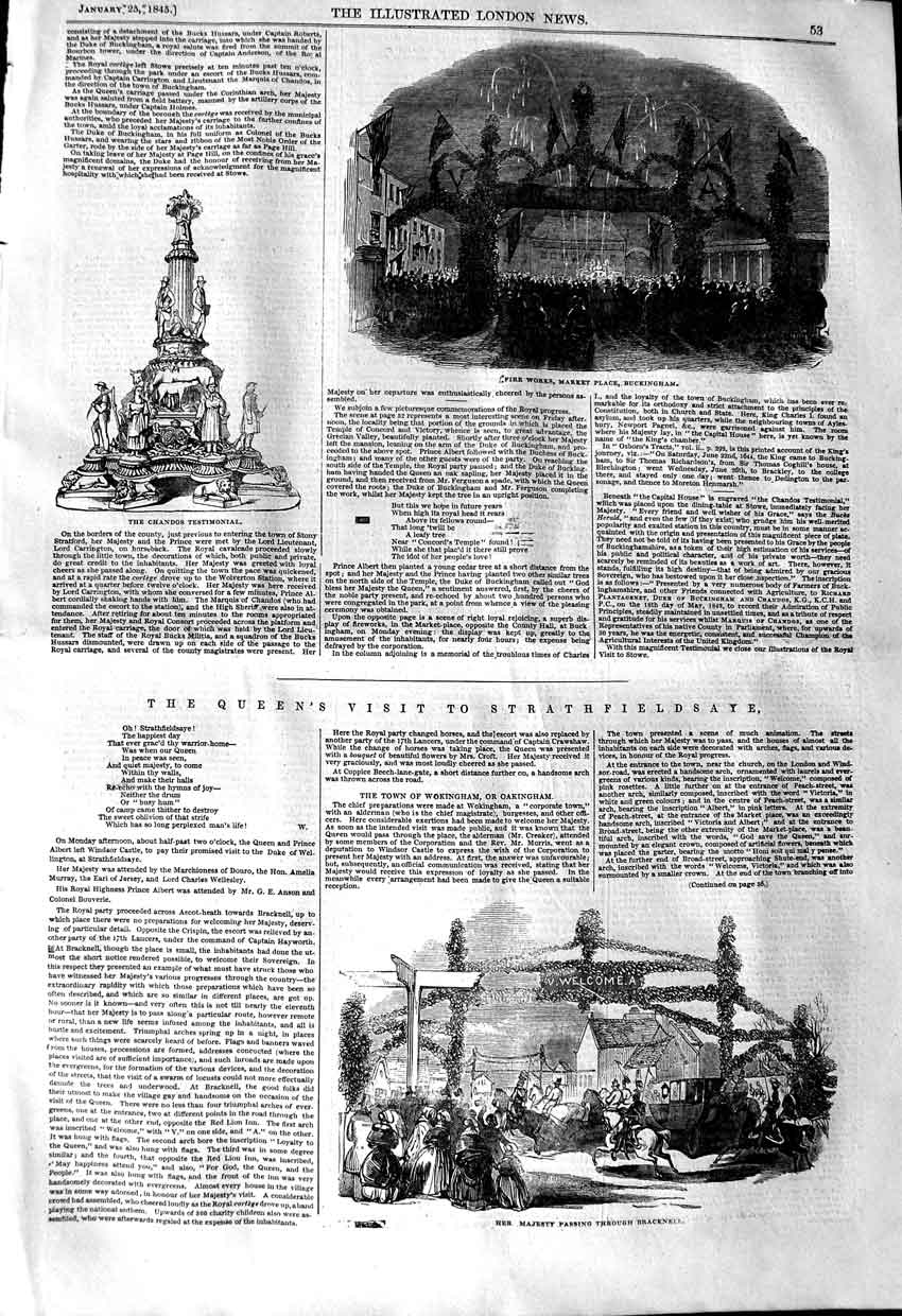 Original Old Antique Print 1845 Fireworks Buckingham Queen Bracknell Victorian
