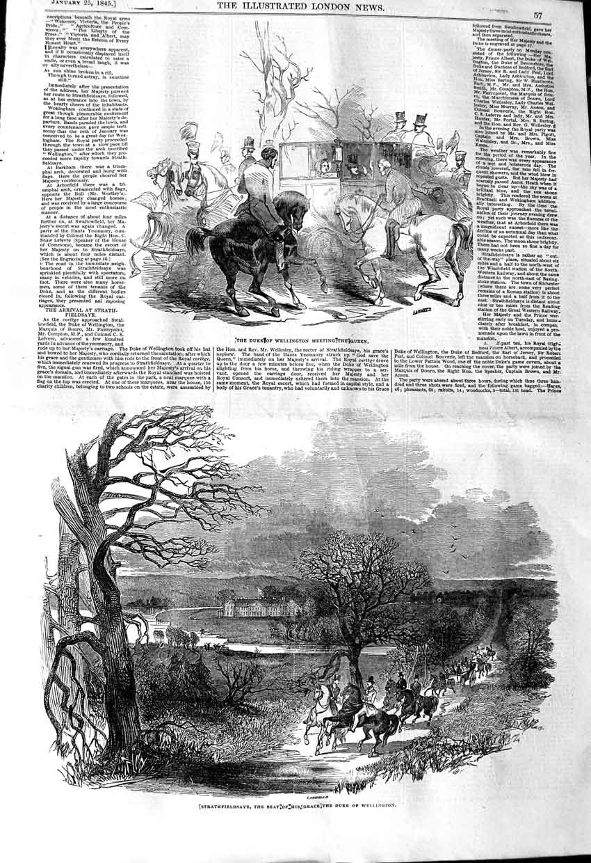 Original Old Antique Print 1845 Duke Wellington Meeting Queen Strathfieldsaye