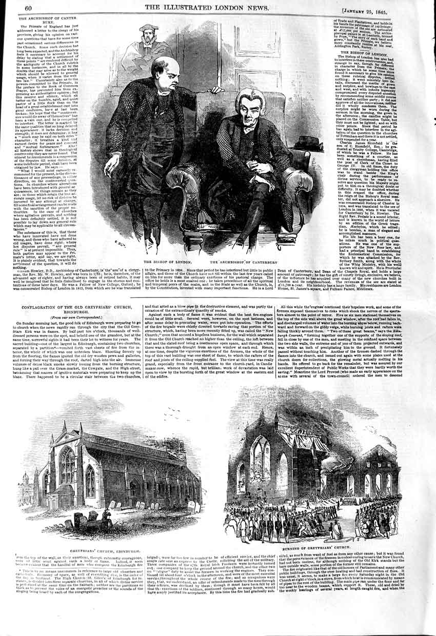 Original Old Antique Print 1845 Bishop London Archbishop Canterbury Greyfriars