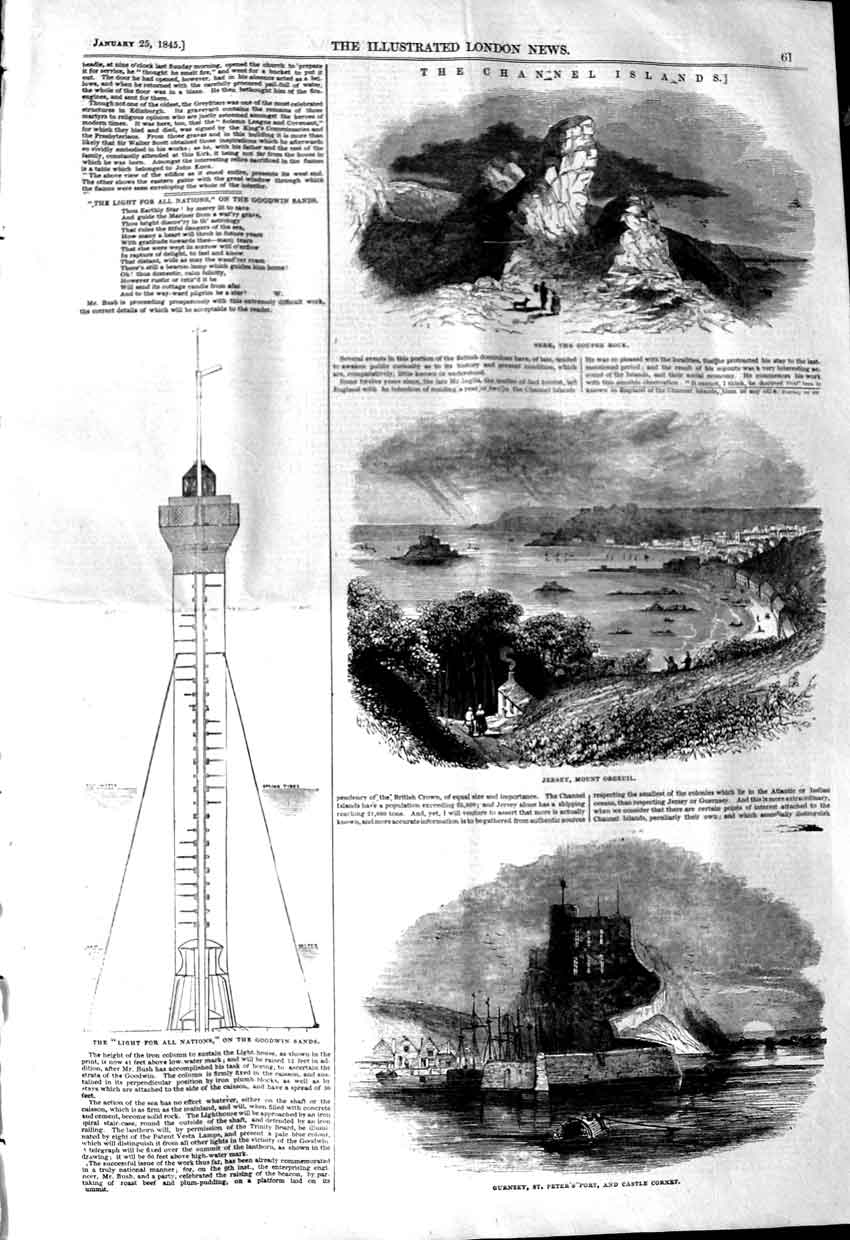 Old Antique Print 1845 Light Goodwin Gurnsey Castle Cornet Jersey Coupee 19th