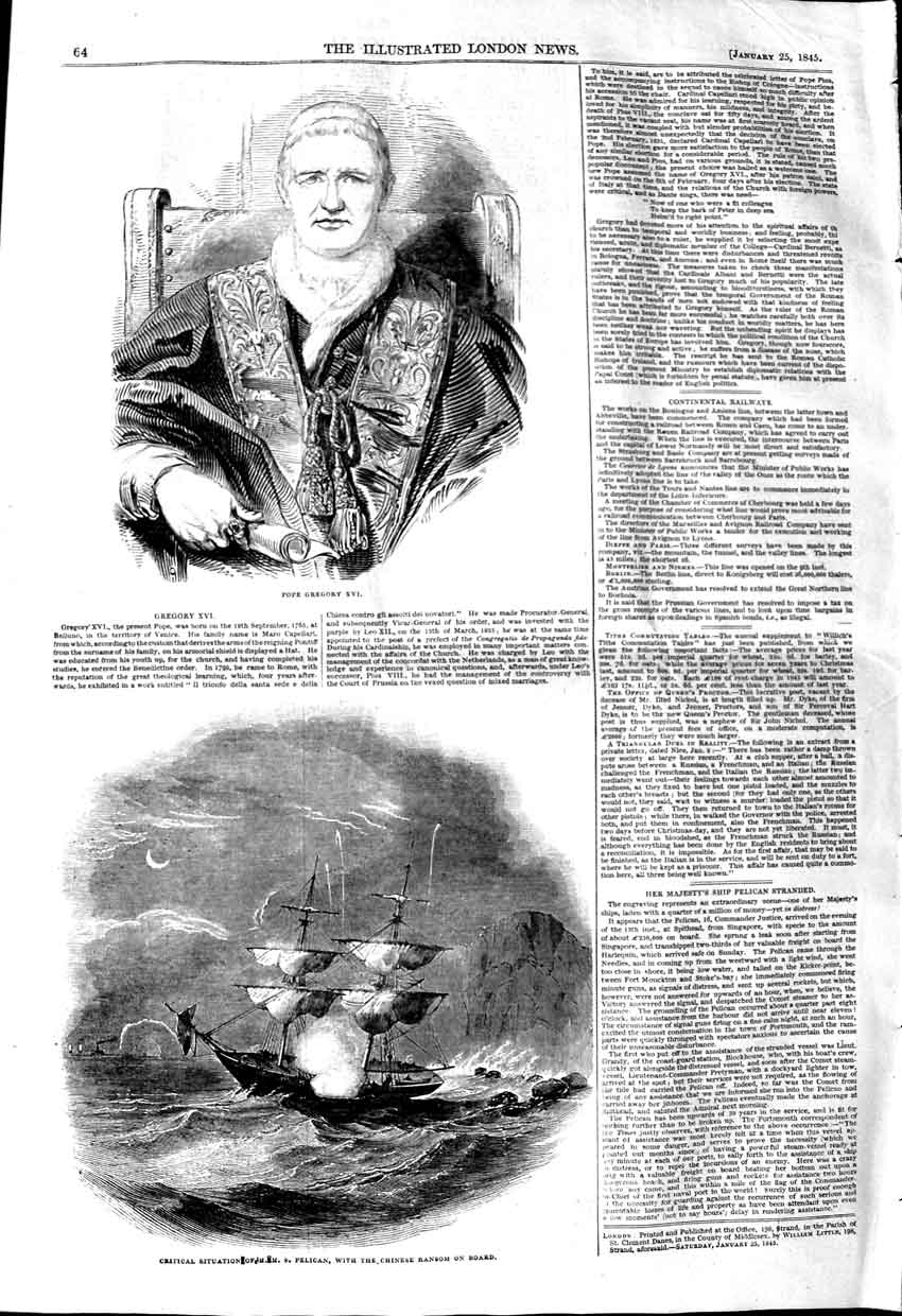 Original Old Antique Print 1845 Pope Gregory Xvi Ship Pelican Chinese Ransom