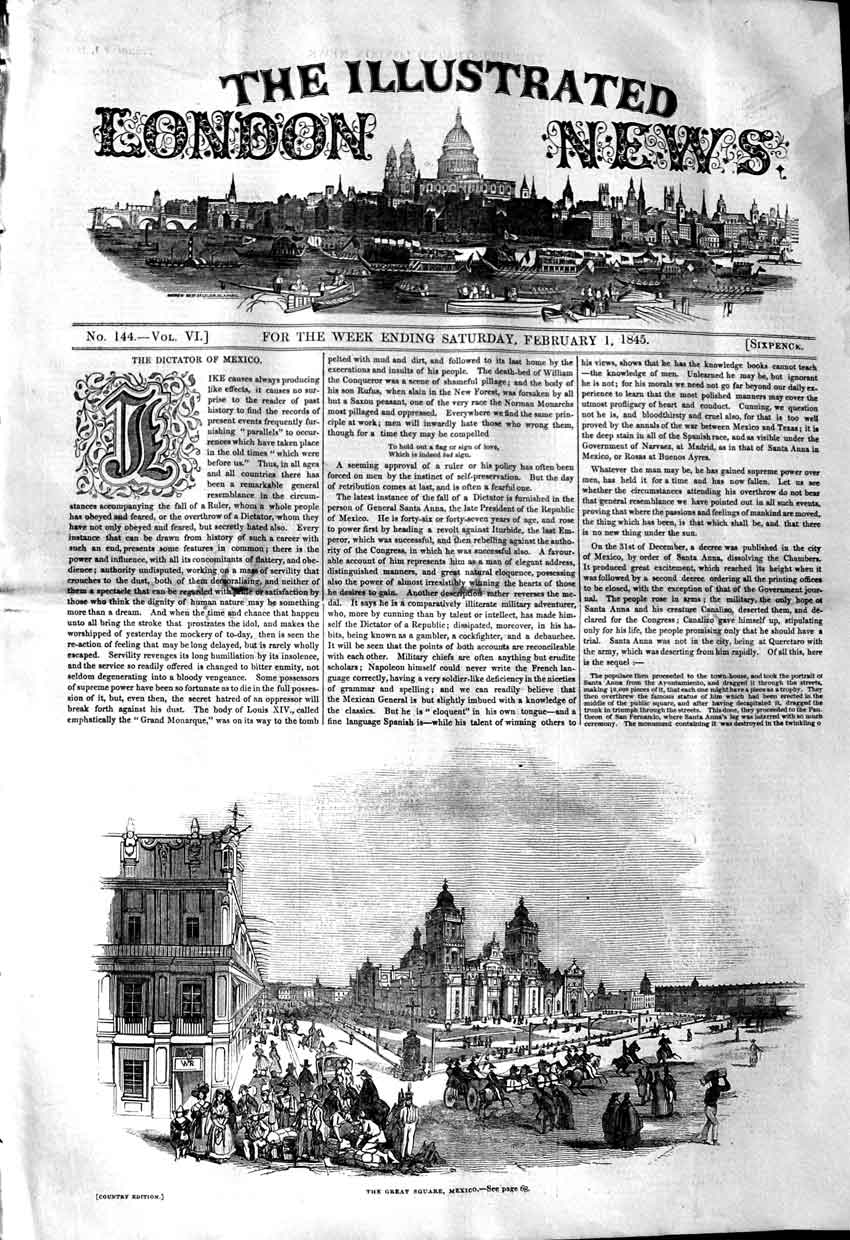 Old Antique Print 1845 View Great Square Mexico South America Buildings 19th