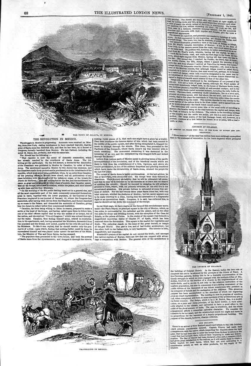 Original Old Antique Print 1845 Jalapa Mexico Church Colabah Travelling Mexico