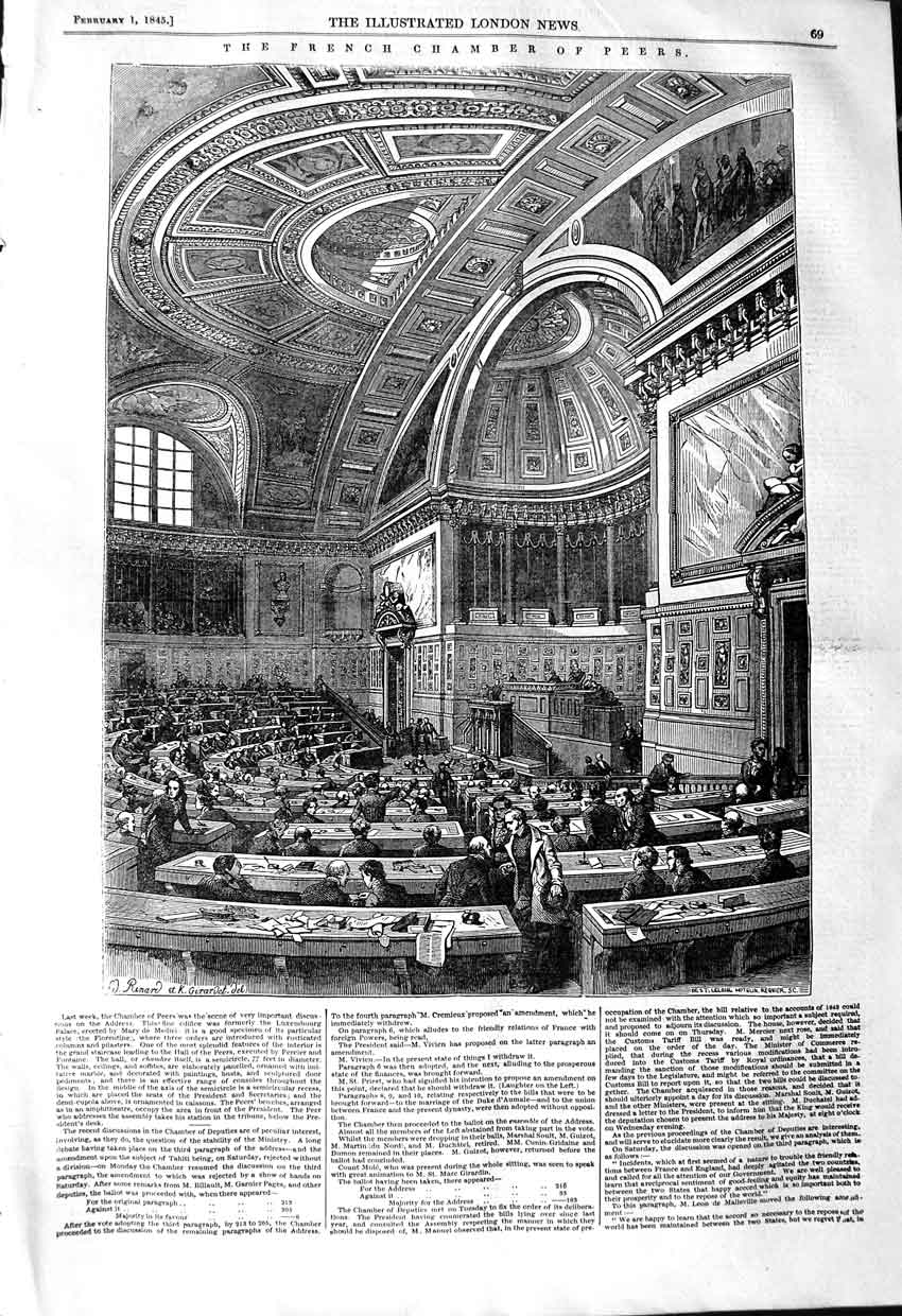 Original Old Antique Print 1845 Interior French Chamber Peers Parliament 19th