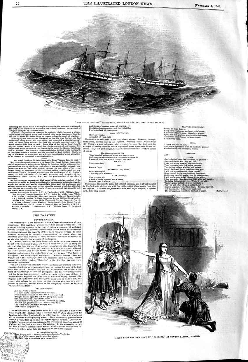 Original Old Antique Print 1845 Great Britain Steam Ship Lundy Covent Theatre