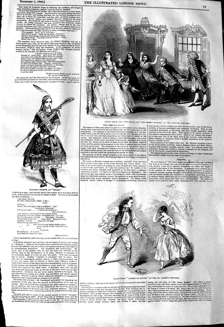 Old Antique Print 1845 Green Bushes Adelphi Theatre St. James'S Celeste 19th