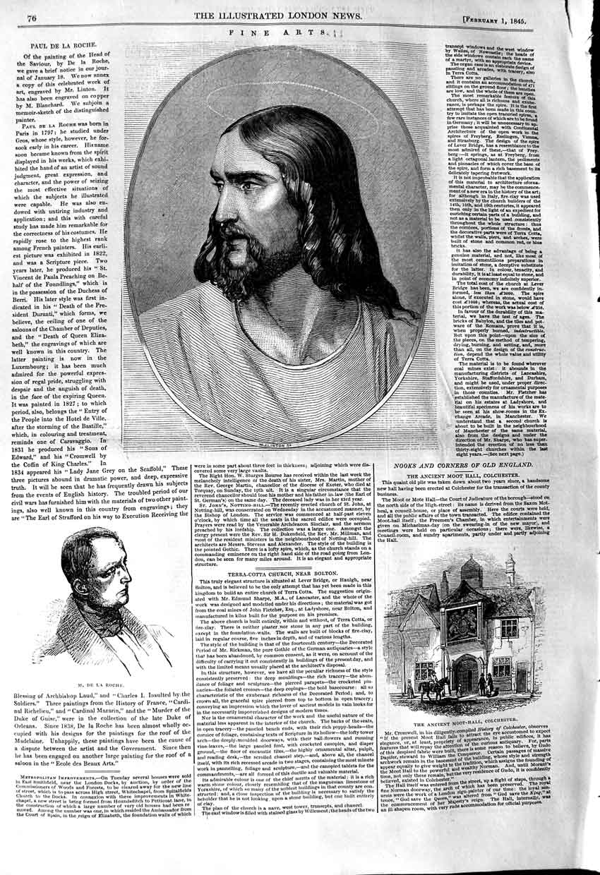 Original Old Antique Print 1845 Portrait Paul De La Riche Moot Hall Colchester