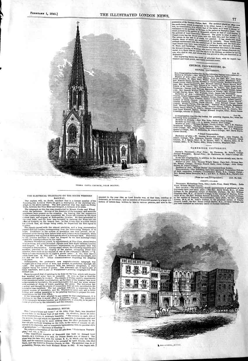 Original Old Antique Print 1845 Terra Cotta Church Bolton Bramshill House Cope
