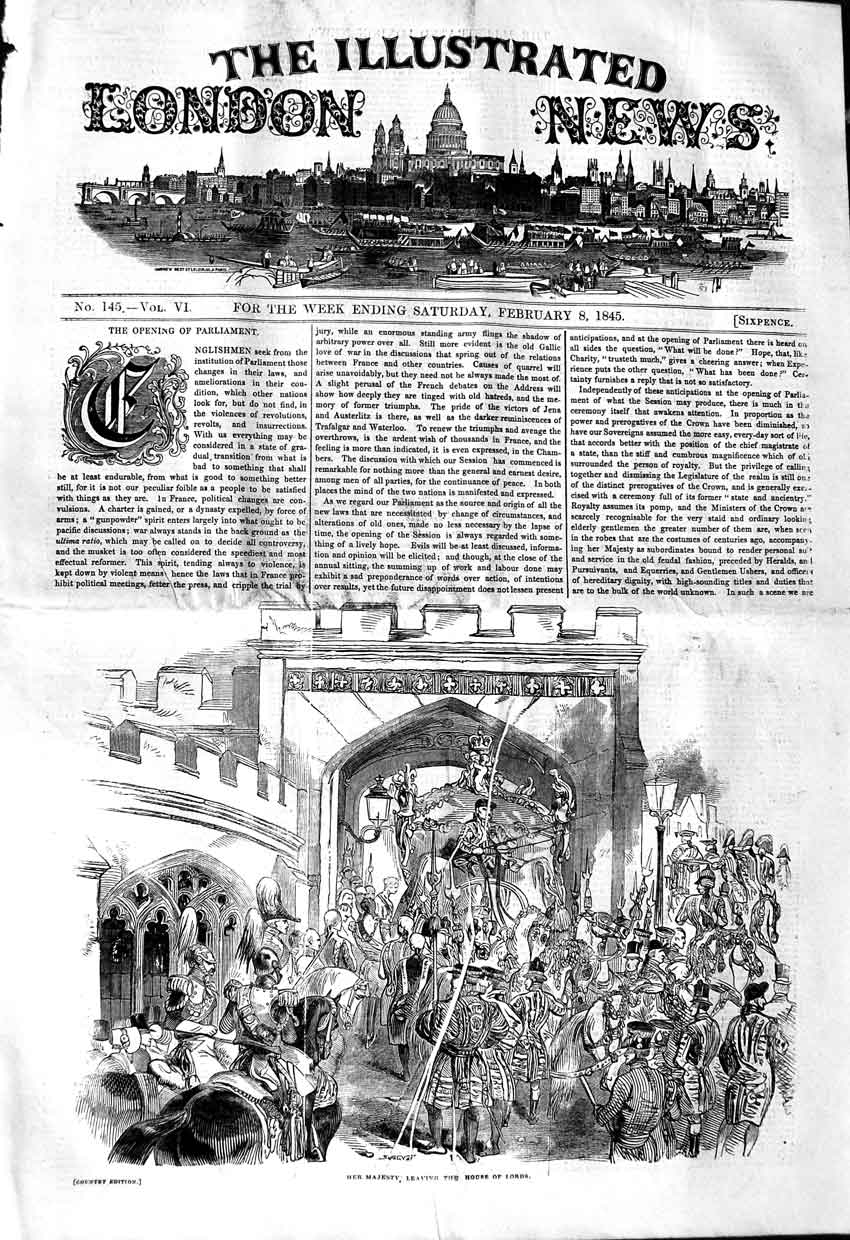 Old Antique Print 1845 Scene Queen Leaving House Lords Horses Procession 19th