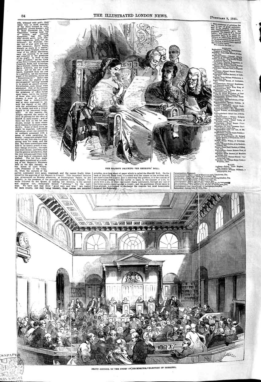 Old Antique Print 1845 Queen Sheriffs Roll Privy Council Court Exchequer 19th