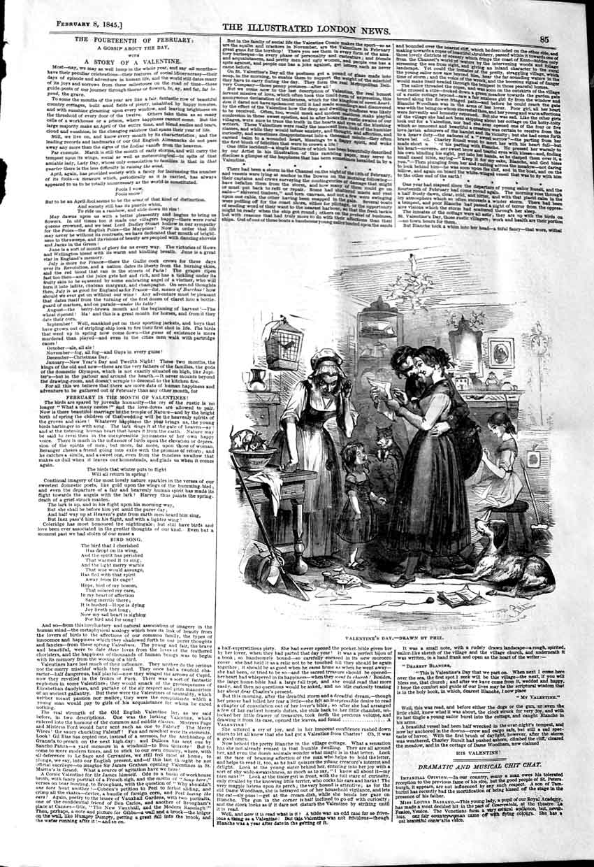Original Old Antique Print 1845 Valentines Day Romance Family Scene Victorian