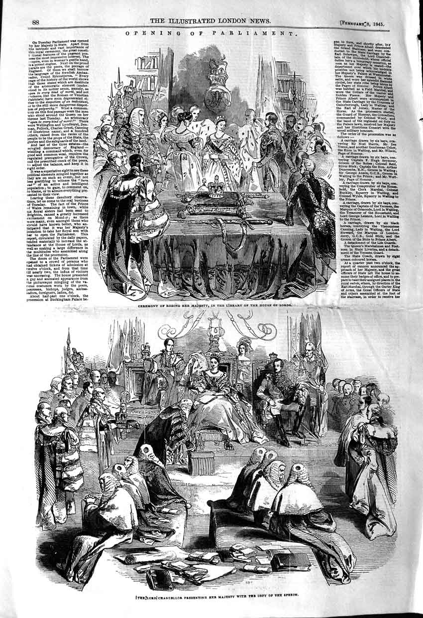 Old Antique Print 1845 Parliament Ceremony Robing Queen Chancellor Lords 19th