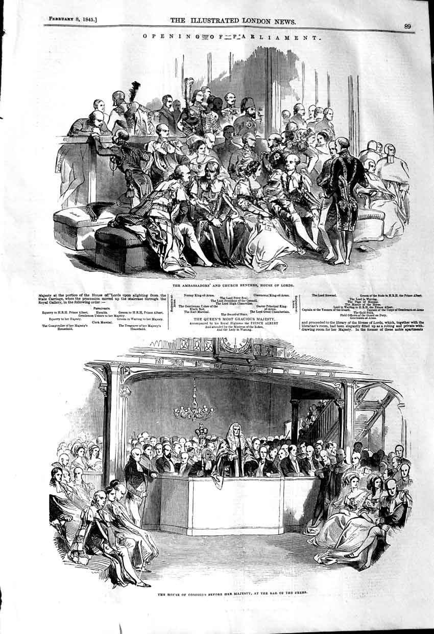 Original Old Antique Print 1845 Parliament Church Benches House Lords Commons