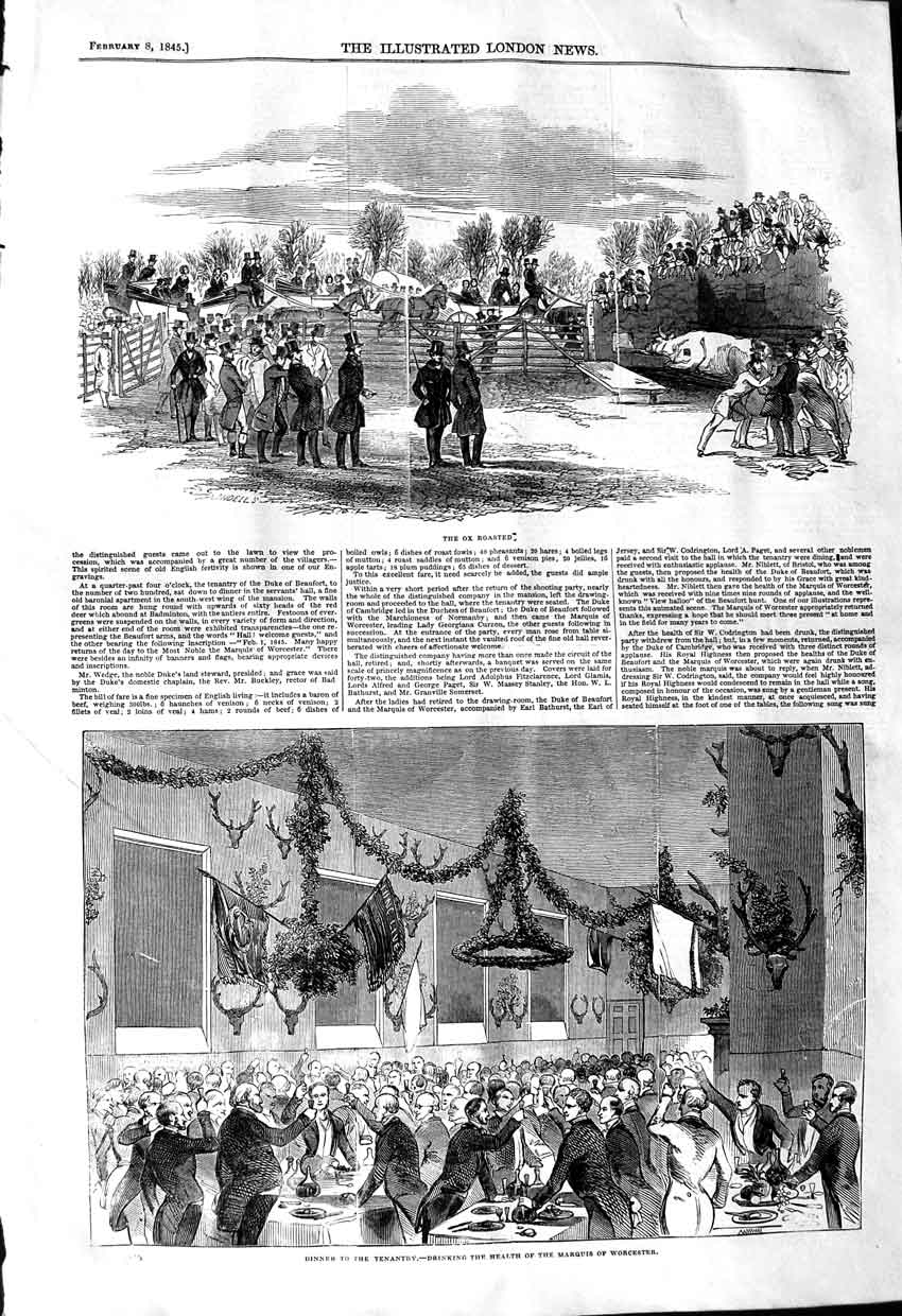 Original Old Antique Print 1845 Ox Roasted Dinner Tenantry Marquis Worcester