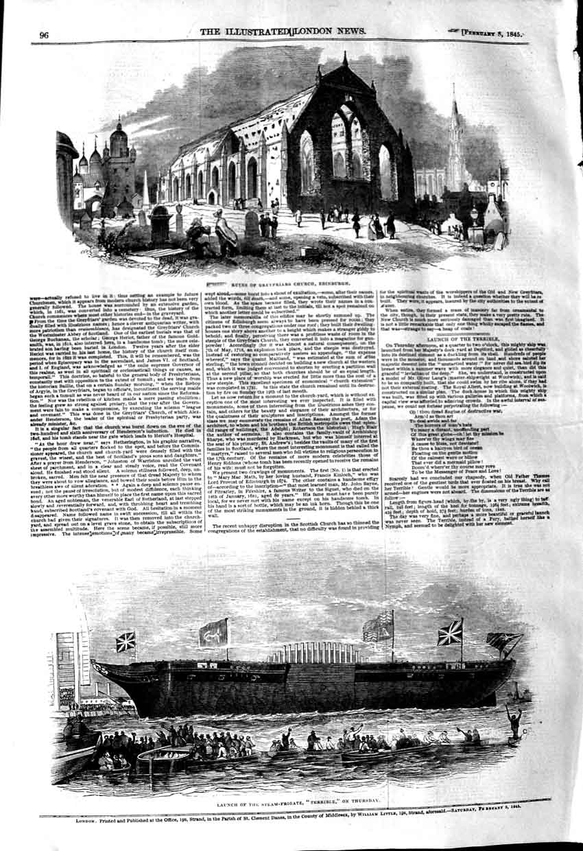 Old Antique Print 1845 Greyfriars Church Edinburgh Terrible Ship Frigate 19th