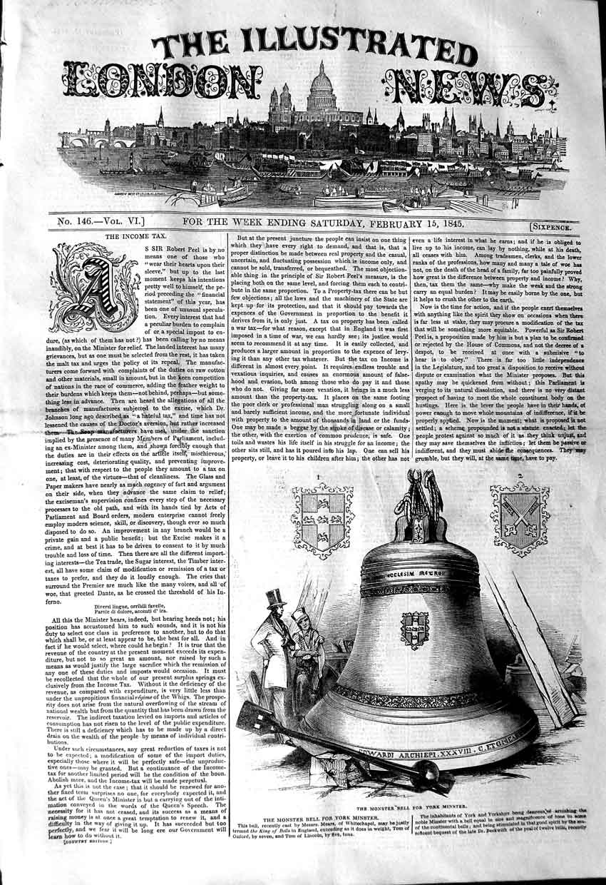 Original Old Antique Print 1845 Monster Bell York Minster Mears Whitechapel
