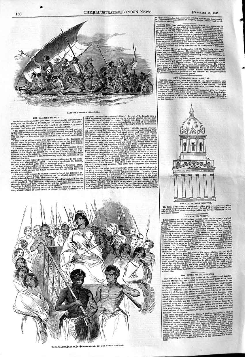 Original Old Antique Print 1845 Raft Gambier Dome Bethlem Hospital Madagascar