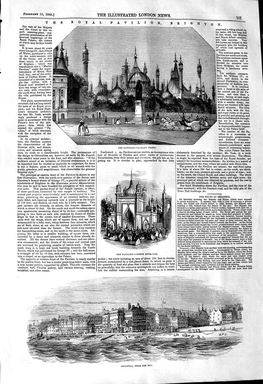 Original Old Antique Print 1845 Royal Pavilion Brighton Garden Sea Victorian