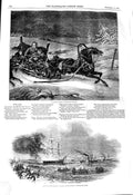 Original Old Antique Print 1845 Russian Family Attacked Wolves Fire Ship Henry