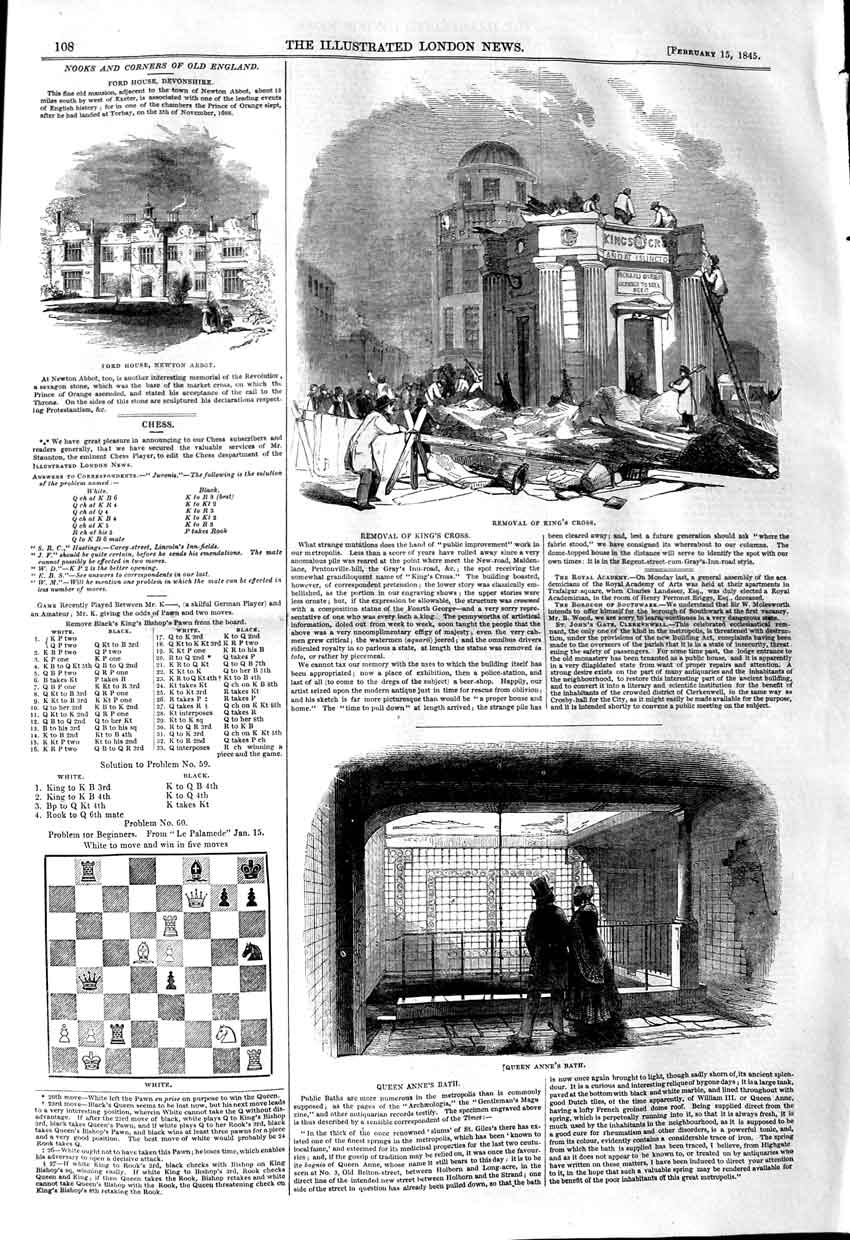 Original Old Antique Print 1845 Ford House Newton Abbot King'S Cross Queen Bath