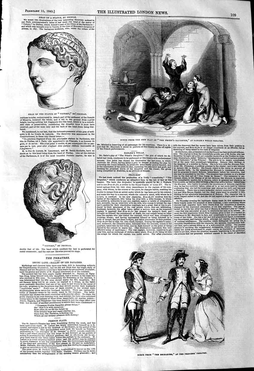 Old Antique Print 1845 Sadlers Wells Theatre Head Statue Victory Phidias 19th